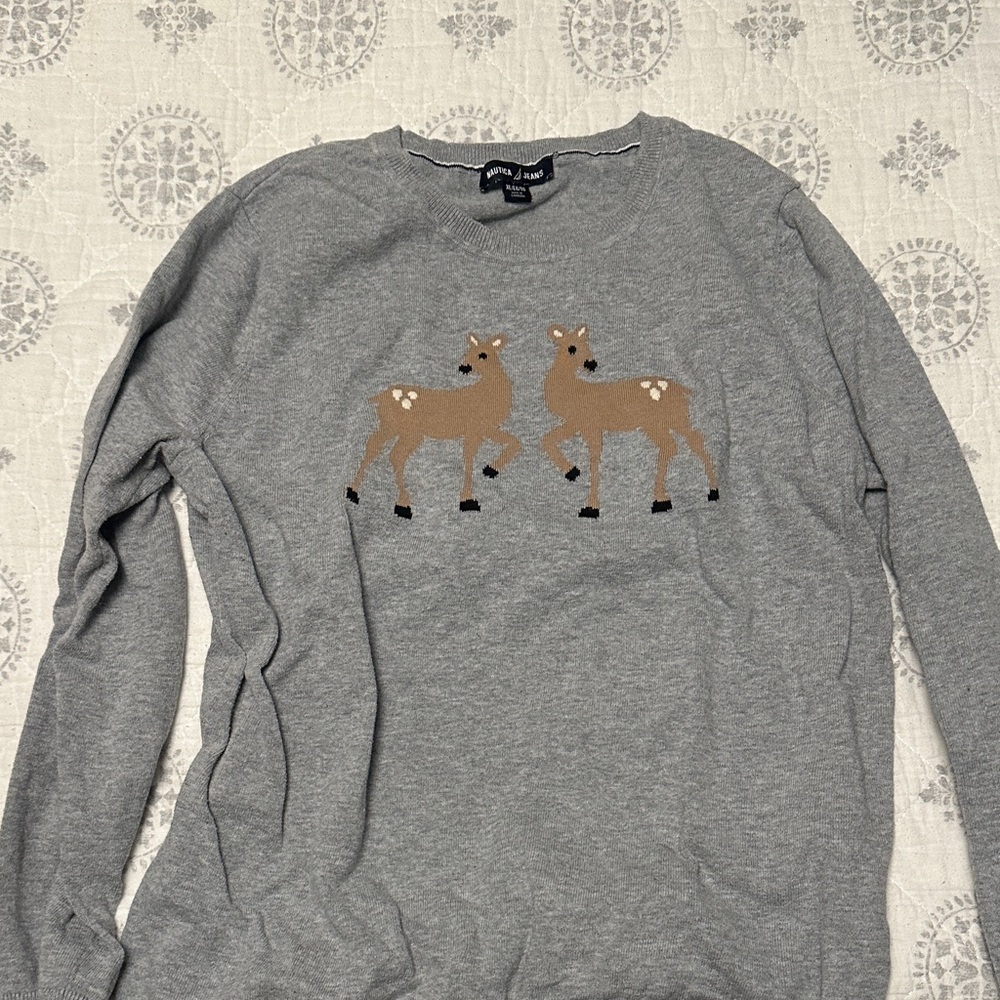 Nautica Gray Crewneck Sweater with Deer Motif